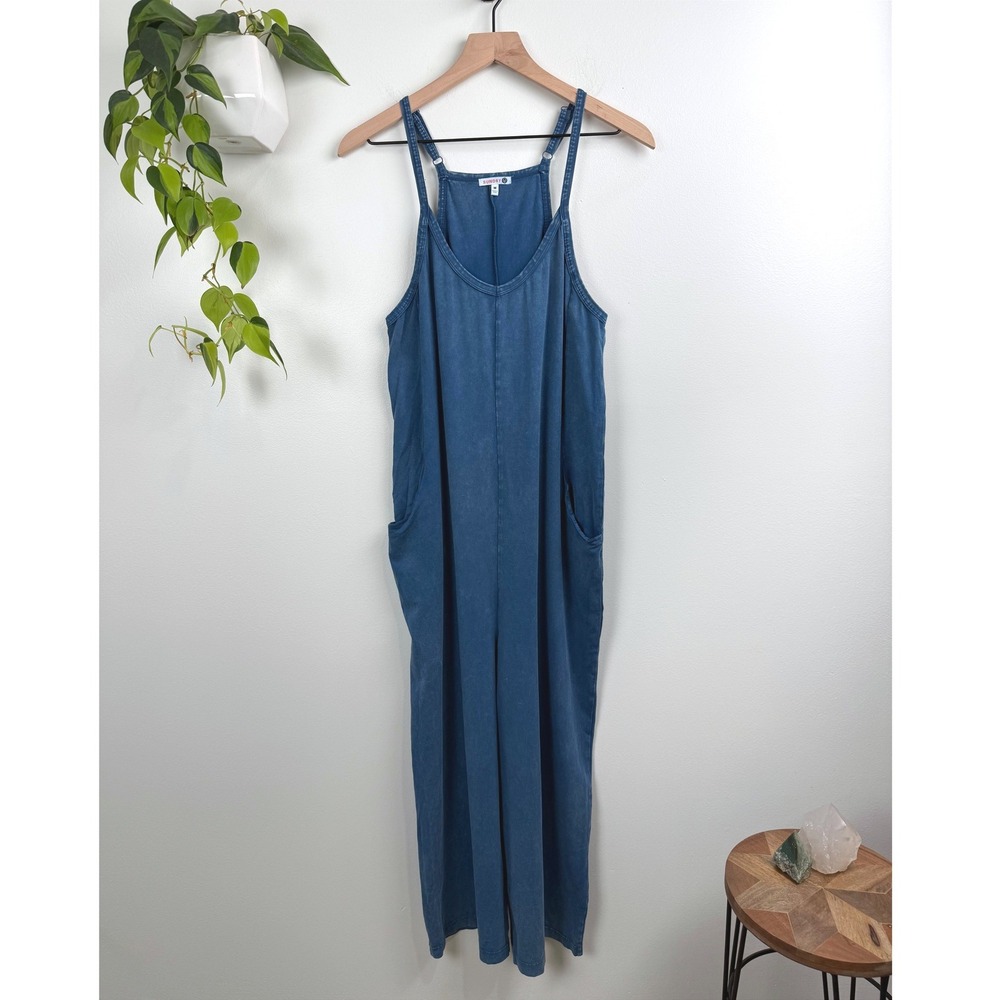 Sundry Womens Blue Washed Cotton Blend Wide Leg Jumpsuit Pockets M Boho Lounge